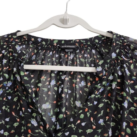 Club Monaco Taisie Mini‎ Dress 4 Black Floral Silk Sheer Button  Front Boho - Picture 3 of 15